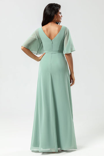 Chiffon V-hals Mint brudepike kjole med spalte